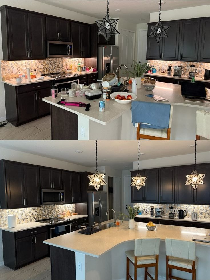 Kitchen with a crowded island and dishes before cleaning, and after cleaning with clear counters