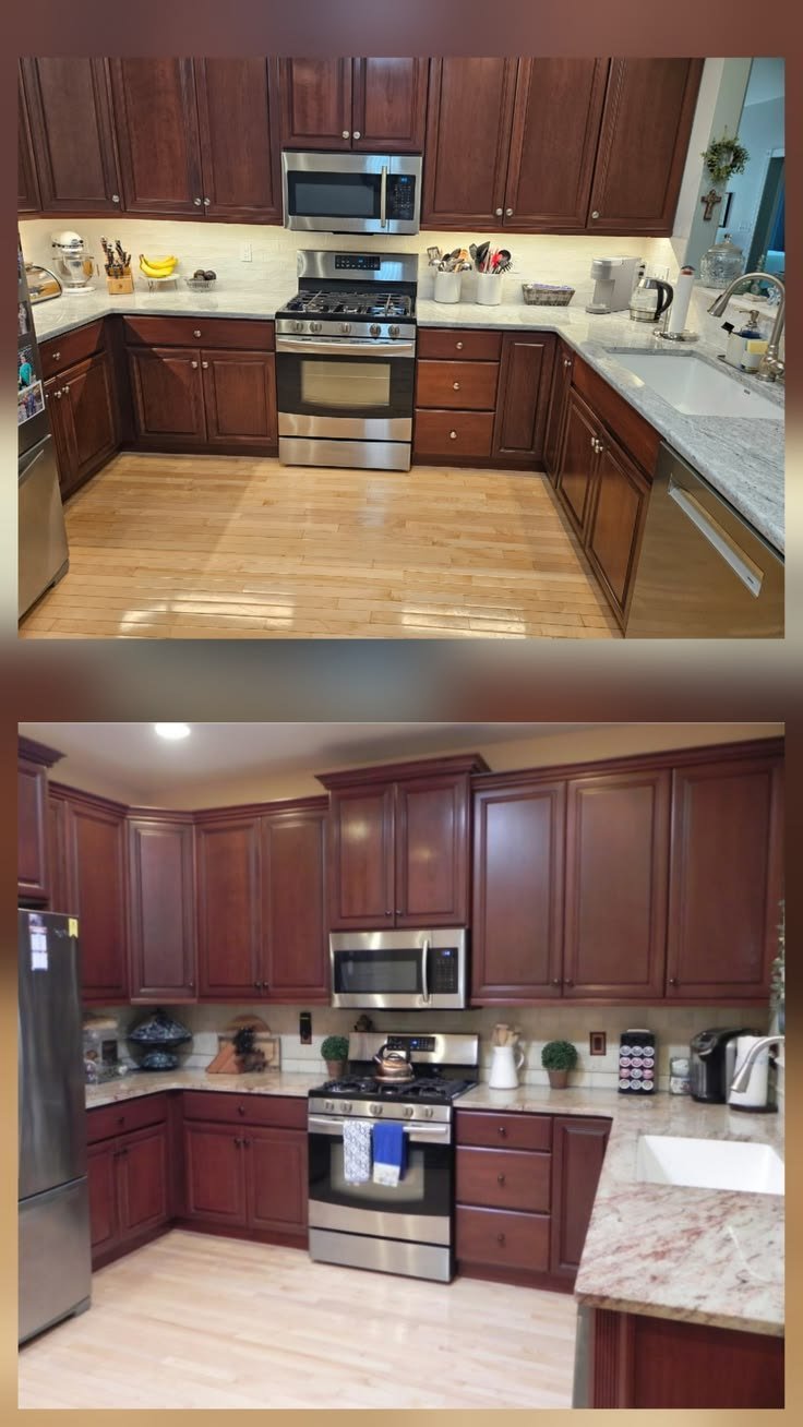 Kitchen with cherry cabinets and granite counters, shown from two angles