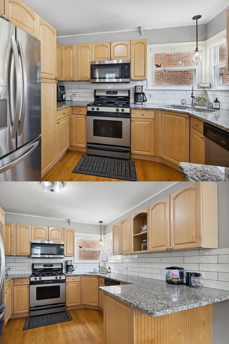 Kitchen with oak cabinets, stainless appliances and granite counters, shown from two angles