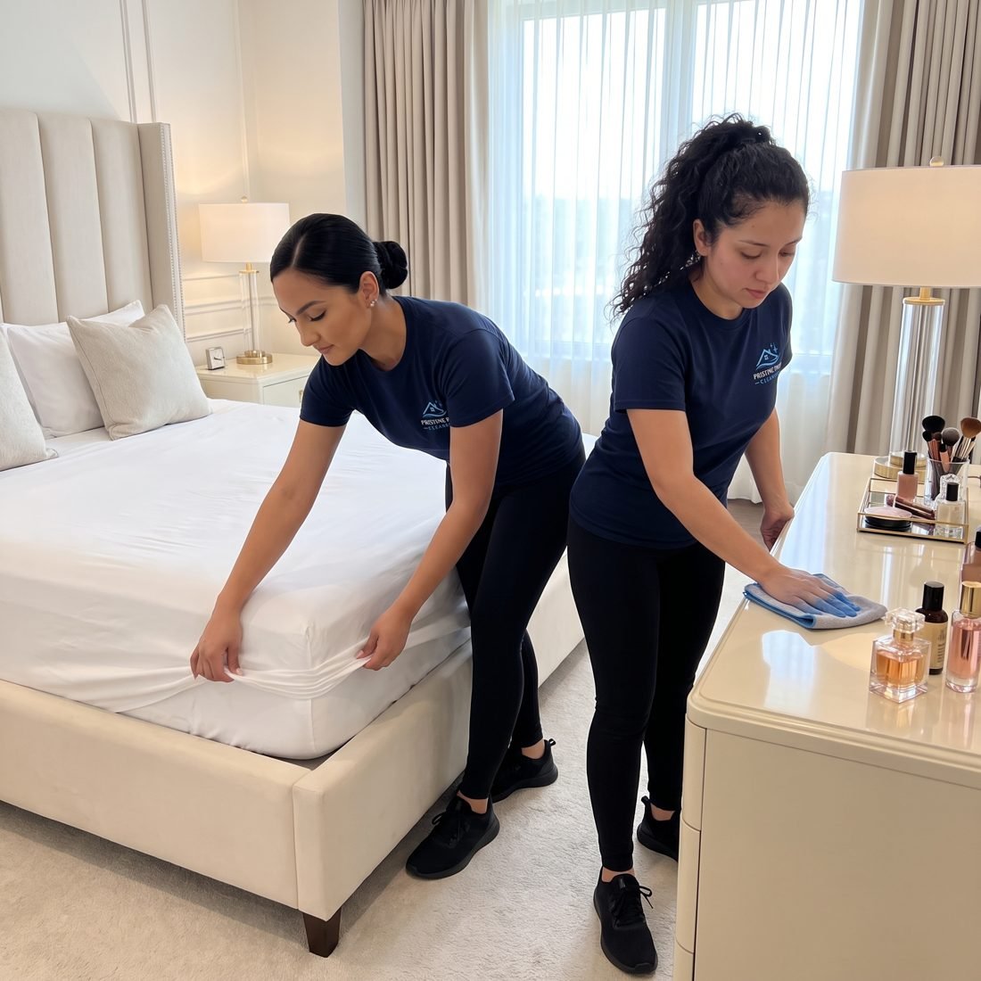 Cleaners making a bed and dusting a dresser