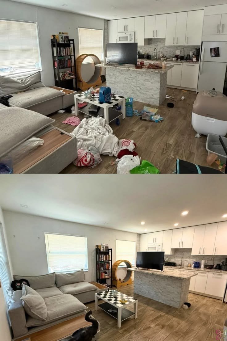 Apartment living room and kitchen before cleaning, cluttered with clothes and bags, and after cleaning, tidy and spotless