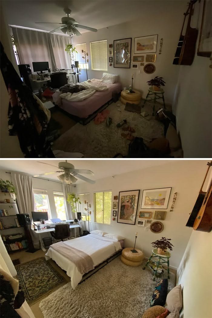 Bedroom before cleaning, messy with clothes and shoes on the floor, and after cleaning, with a made bed and a tidy floor