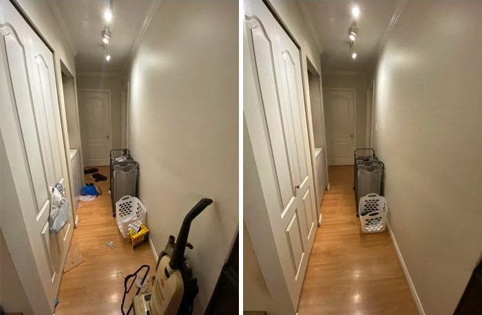 Apartment hallway before cleaning, with a vacuum and clutter, and after, clear and tidy
