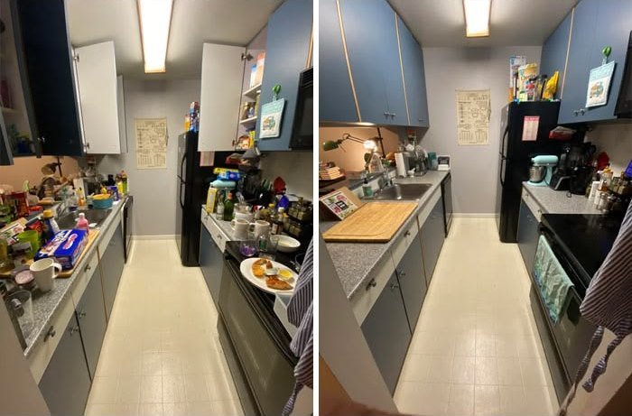 Apartment kitchen before cleaning, crowded counters and dishes, and after, clear counters and clean floor