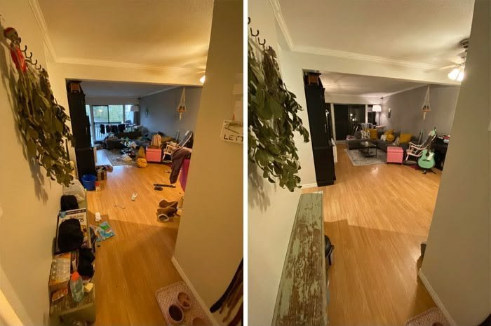 Apartment entry and living area before cleaning, cluttered, and after cleaning, tidy with clear floors