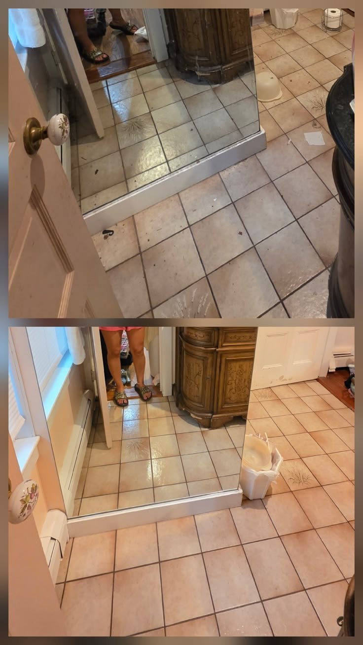 Bathroom tile floor before cleaning, with dirt and stains, and after cleaning, clean and glossy