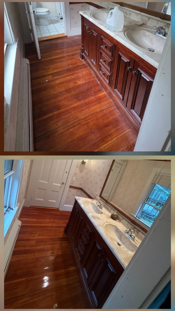 Bathroom with a double vanity and wood floor before cleaning, dull and cluttered, and after, polished and shining