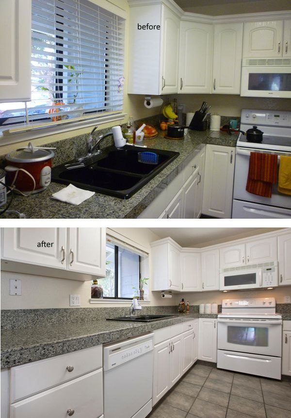 Kitchen before and after cleaning, with clear granite counters and sparkling sink