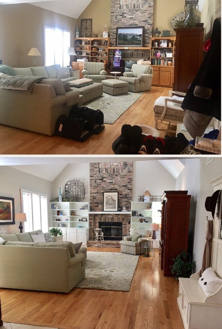 Large living room before cleaning, cluttered with bags and coats, and after cleaning, tidy and organized