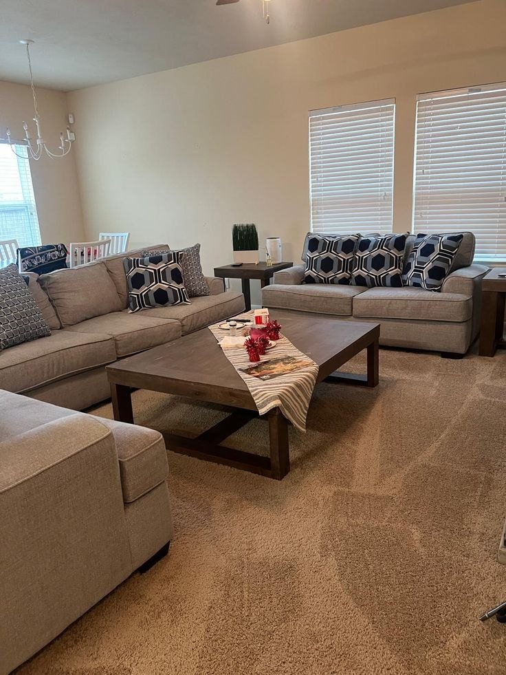 Tidy living room with sofas, a coffee table and clean carpet