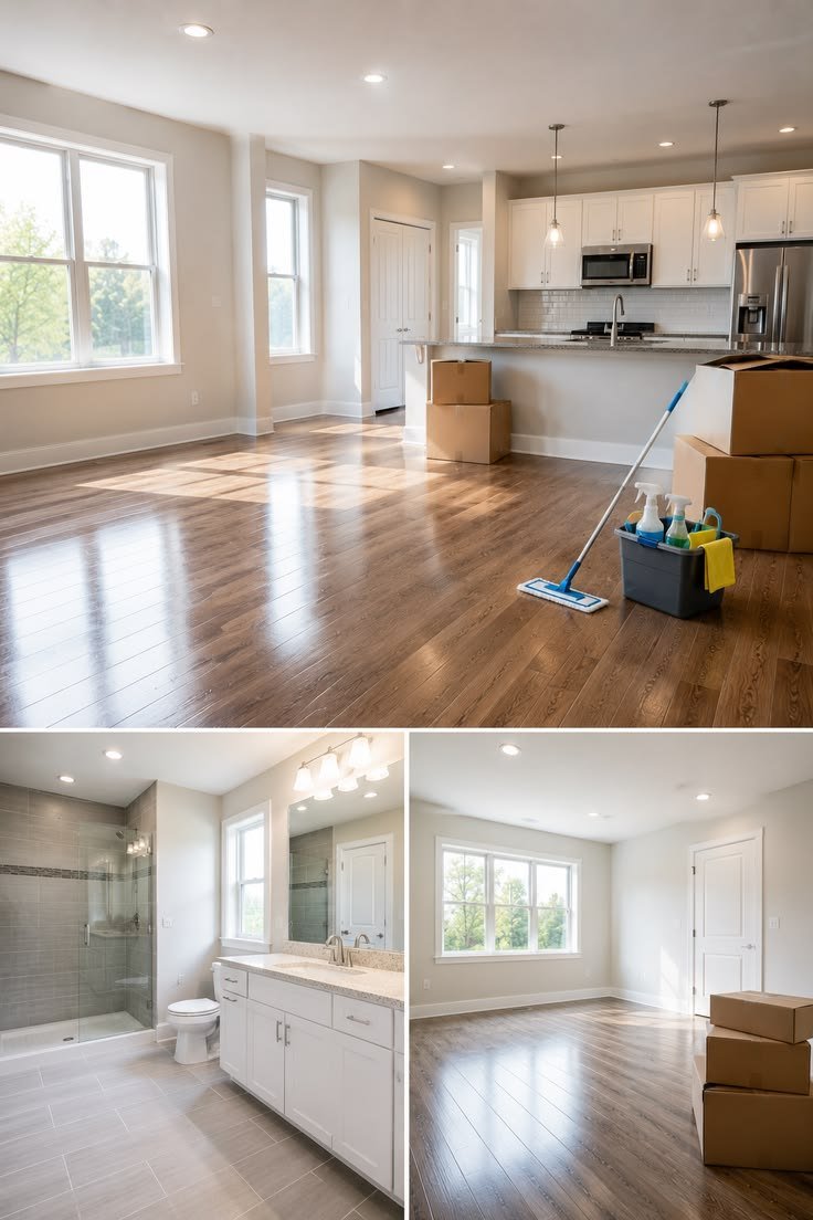 Empty apartment with a mop and cleaning bucket, a clean bathroom and a bedroom ready for move-in