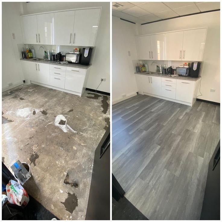 Office break room floor before, bare and stained, and after, clean with a new gray floor