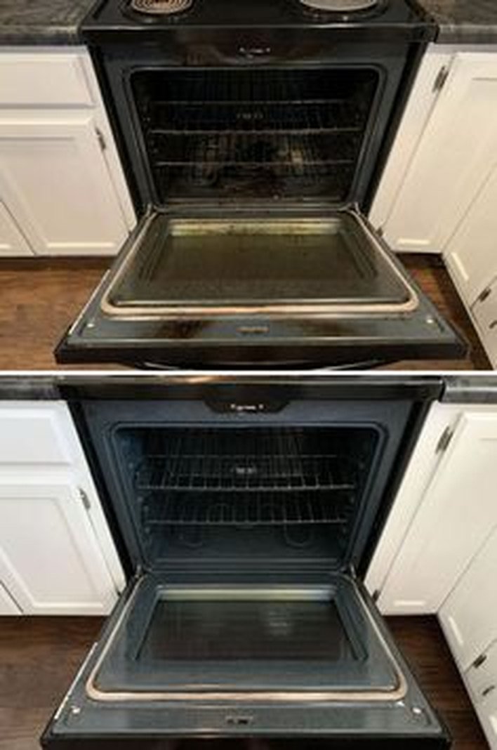 Oven before cleaning, with baked-on grime, and after cleaning, spotless