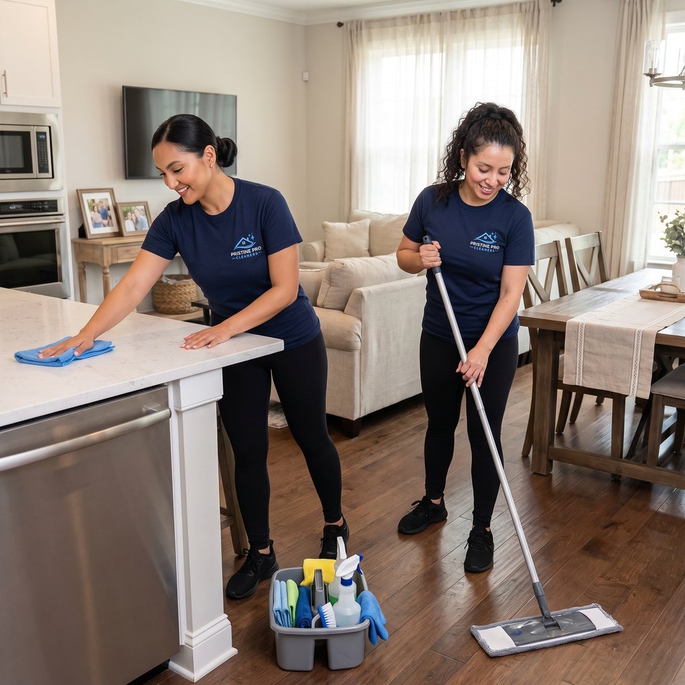 Two Pristine Pro Cleaners team members wiping a kitchen island and mopping the floor