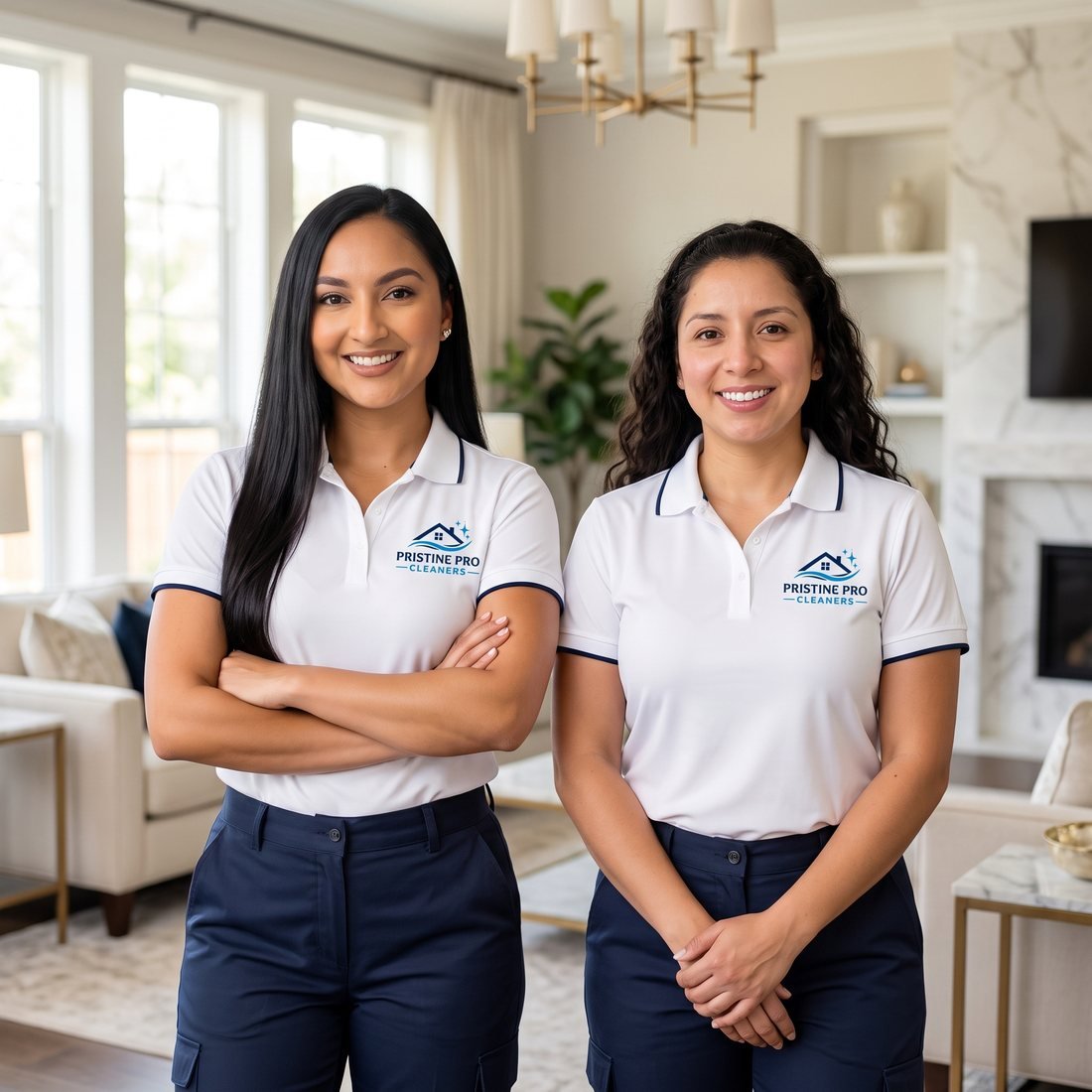 Two Pristine Pro Cleaners team members smiling in a living room