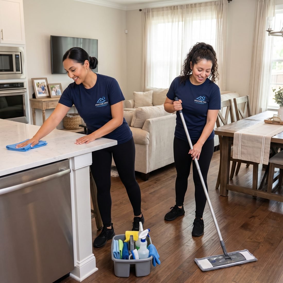 Cleaners wiping a kitchen island and mopping the floor