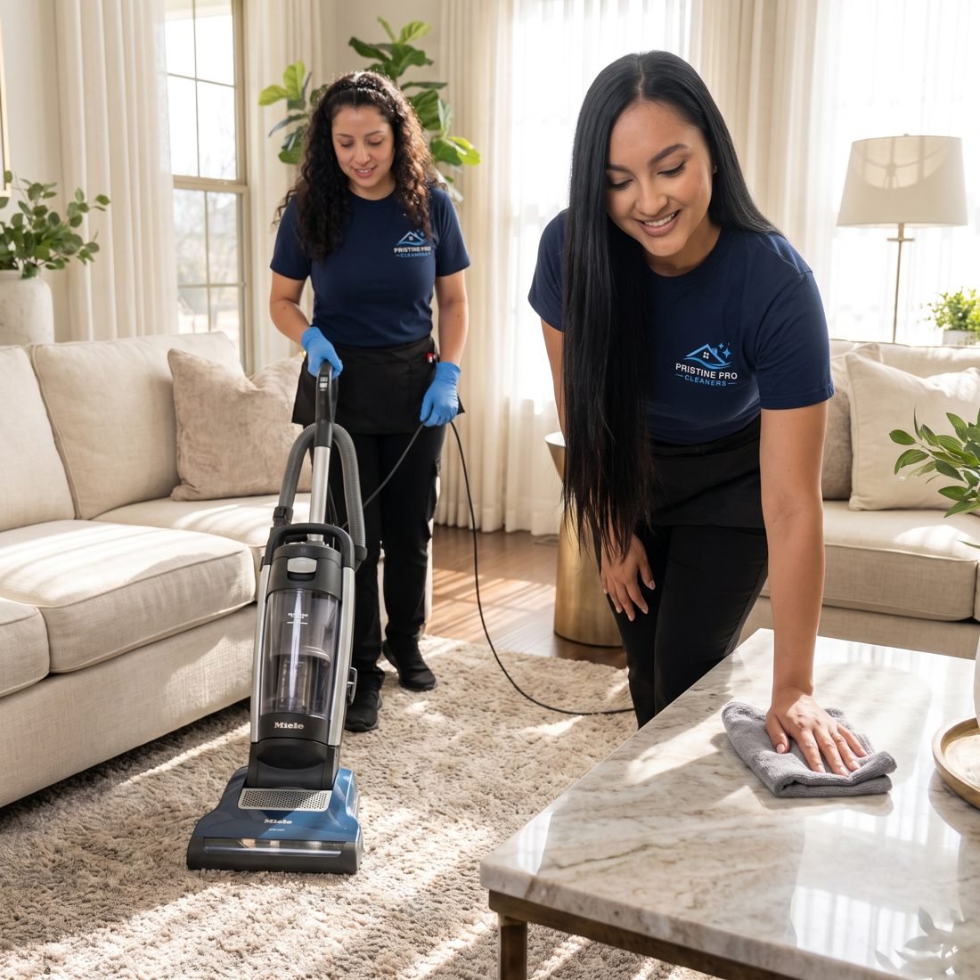 Cleaners vacuuming and dusting a living room