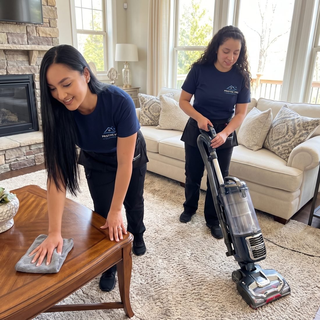 Cleaners wiping a table and vacuuming a living room