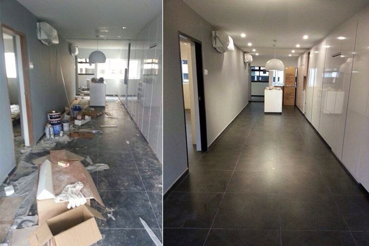 Office corridor after construction, covered in debris before and clean with shiny floors after