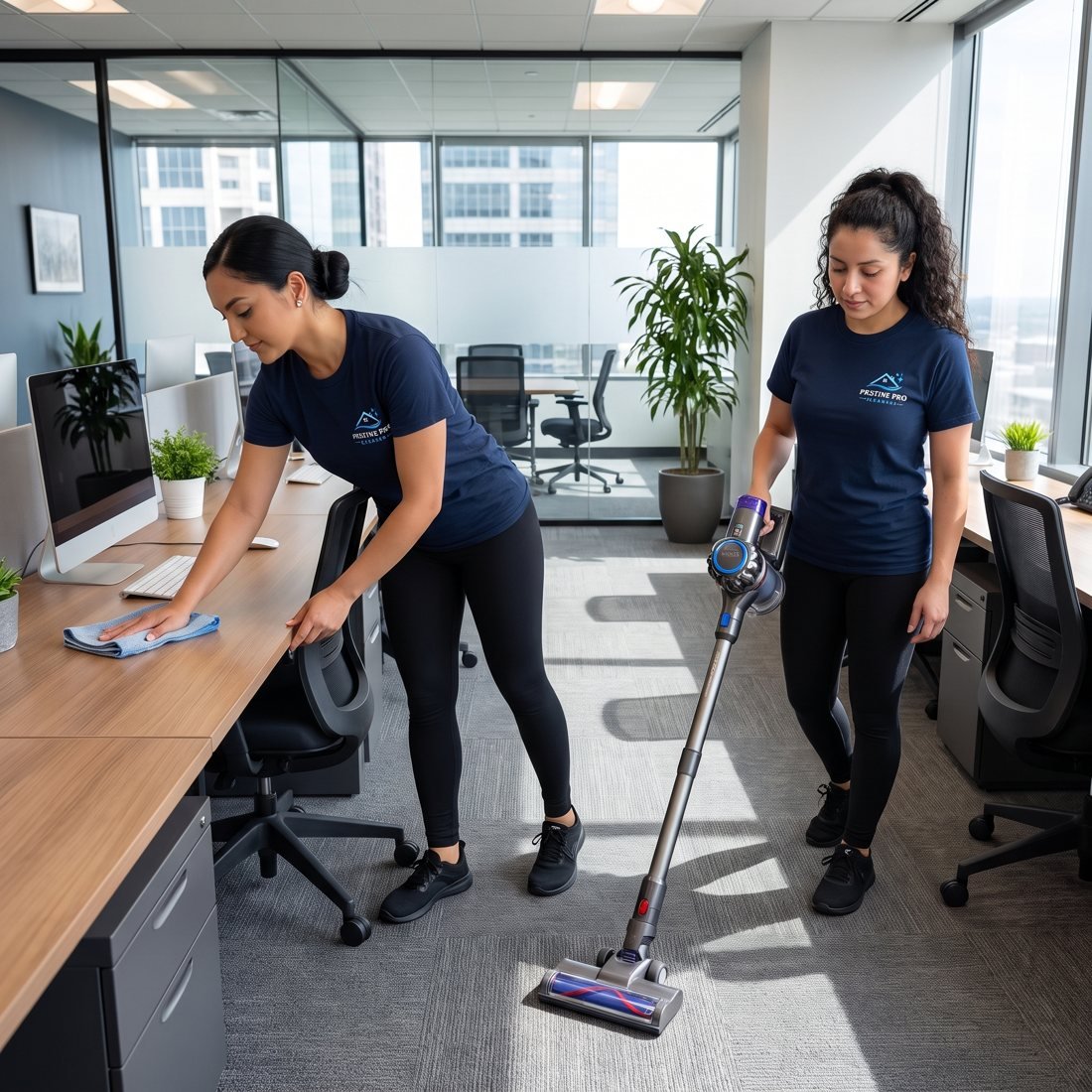 Two cleaners wiping desks and vacuuming a bright commercial office