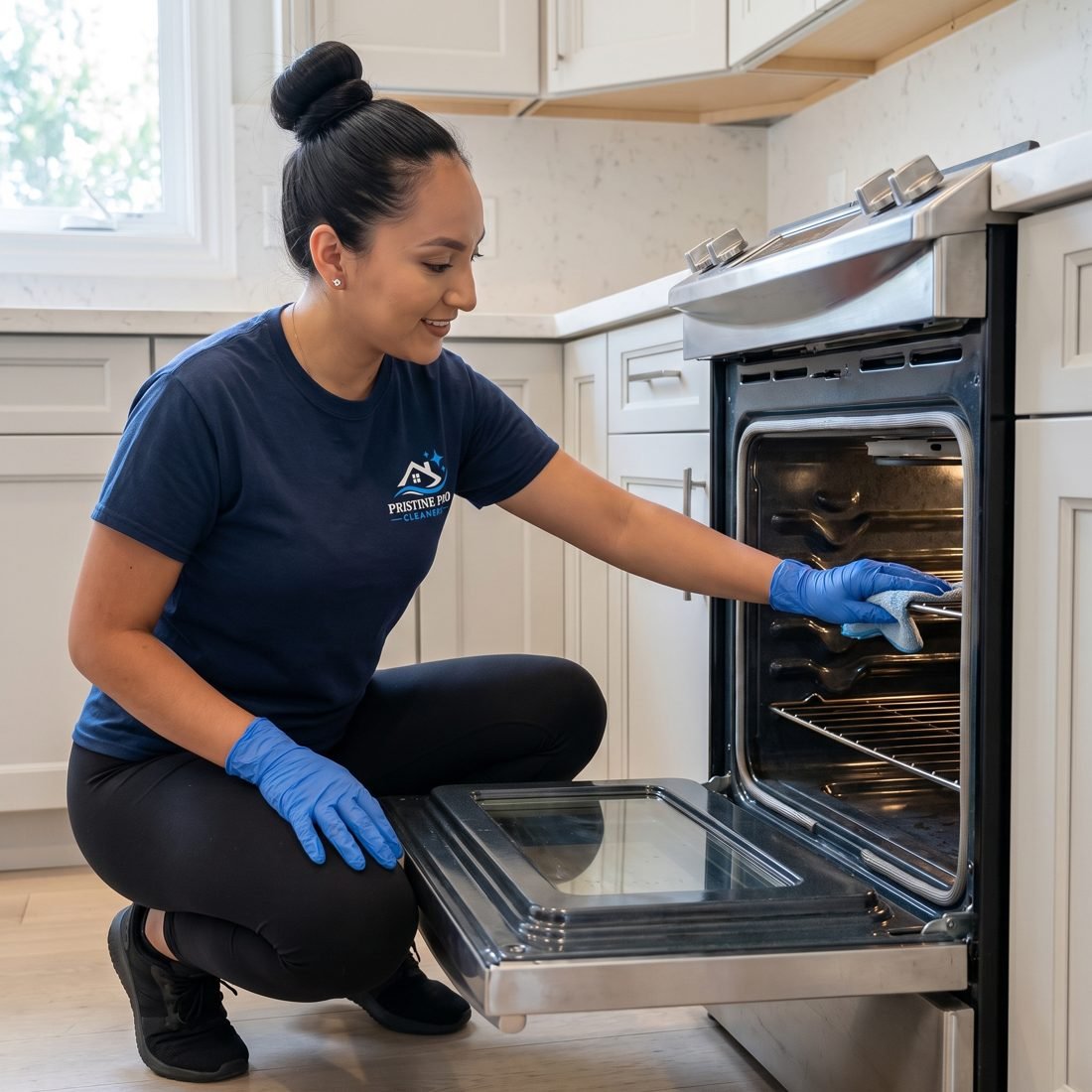 Cleaner wiping the inside of an oven