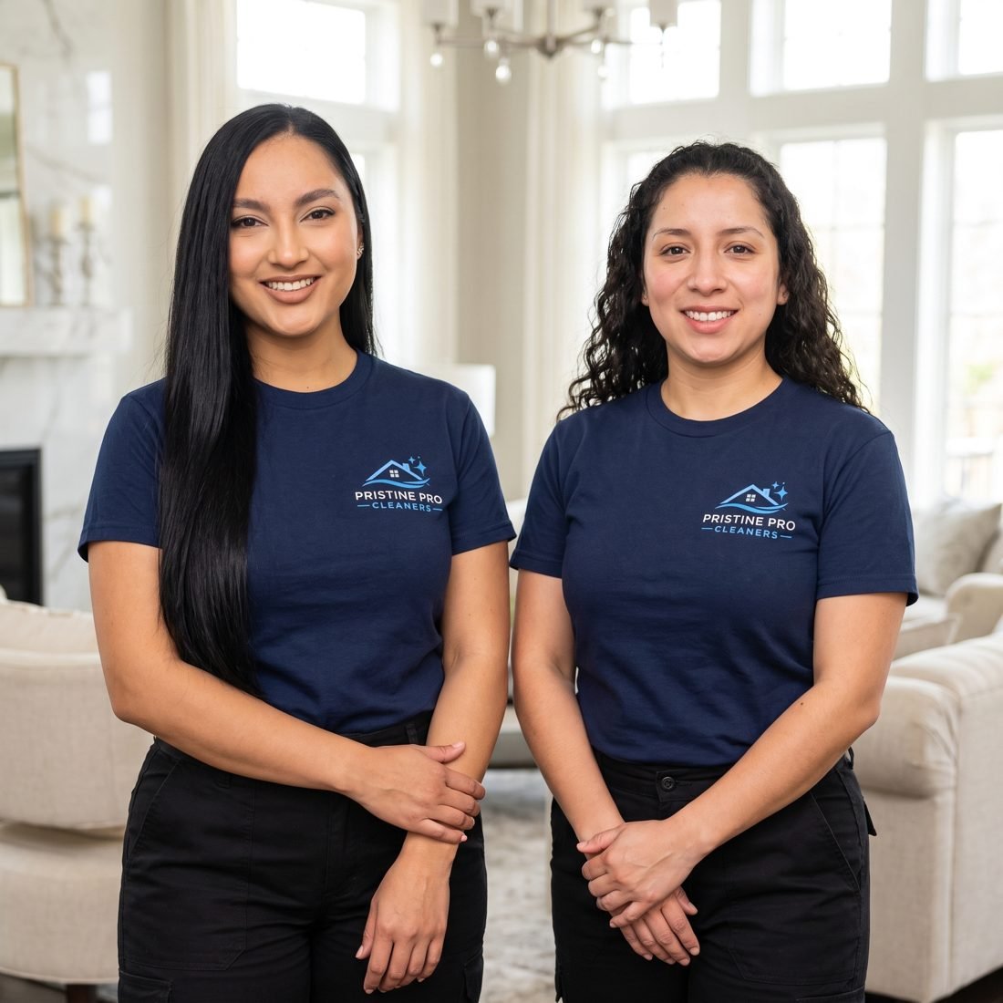Two smiling Pristine Pro Cleaners team members in company shirts