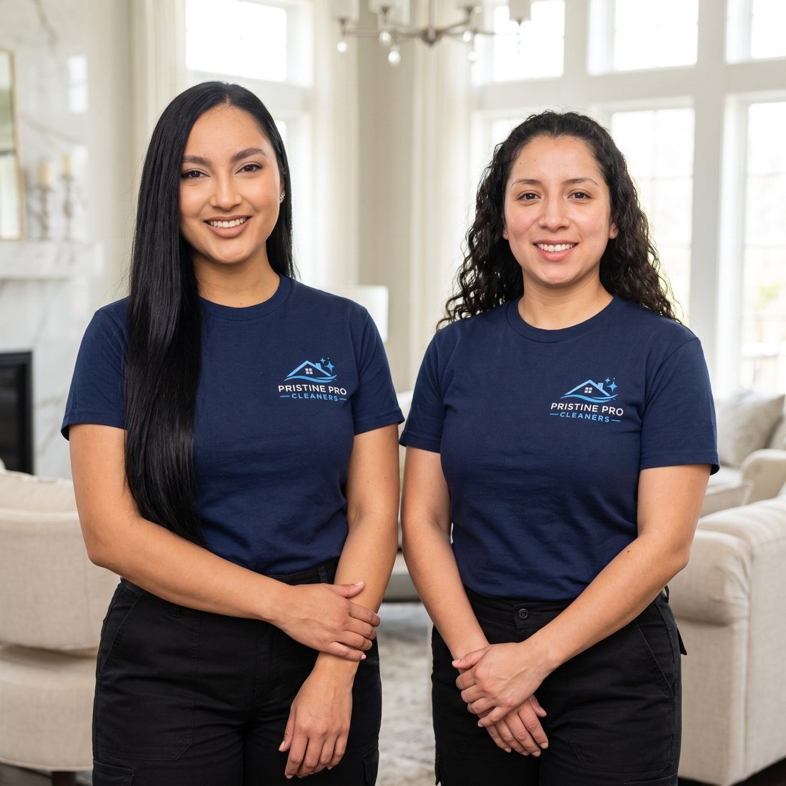 Two smiling Pristine Pro Cleaners team members in company shirts, standing in a bright living room